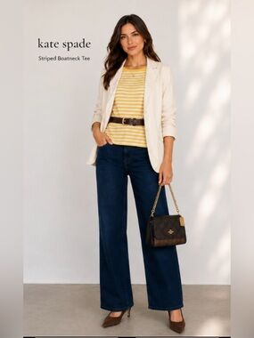 Kate Spade Classic Striped Lemon Yellow Boatneck Bow Top Sz Small Retail $119